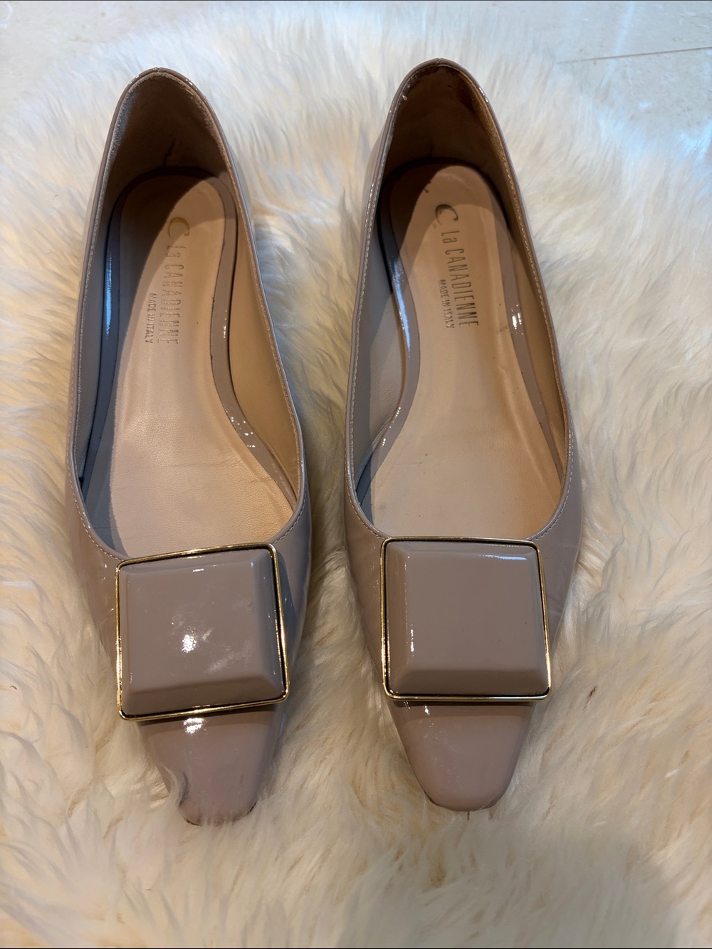 La CANADIENNE Taupe Patent Square-Buckle Pointed Flats